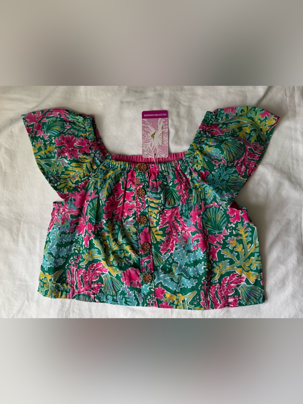 NWT Tommy Bahama Kids Girls Pink Green Coral Shell Print Flutter Sleeve Top Sz 7